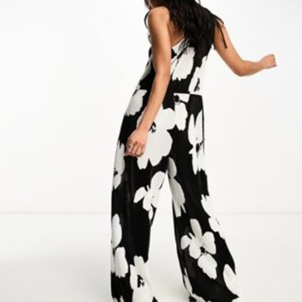 ASOS DESIGN plisse one shoulder jumpsuit in mono floral print